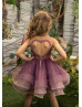 Beaded Purple Tulle Knee Length Heart Back Flower Girl Dress